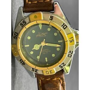 Vtg Freestyle Watch Women Silver Gold Two Tone Brown Leather Band 300 Ft WR